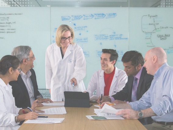 Six people sit around a table in front of a white board, half of them wearing lab coats and half of them dressed in business casual clothing.